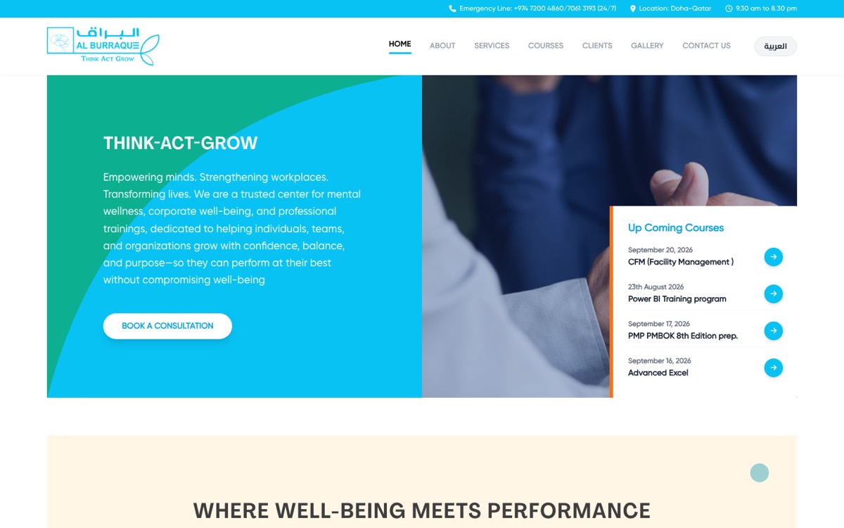 Al Burraque training center website with upcoming courses and Book a Consultation button