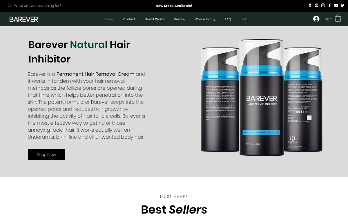 Barever Natural Hair Inhibitor Wix store home page with Shop Now button