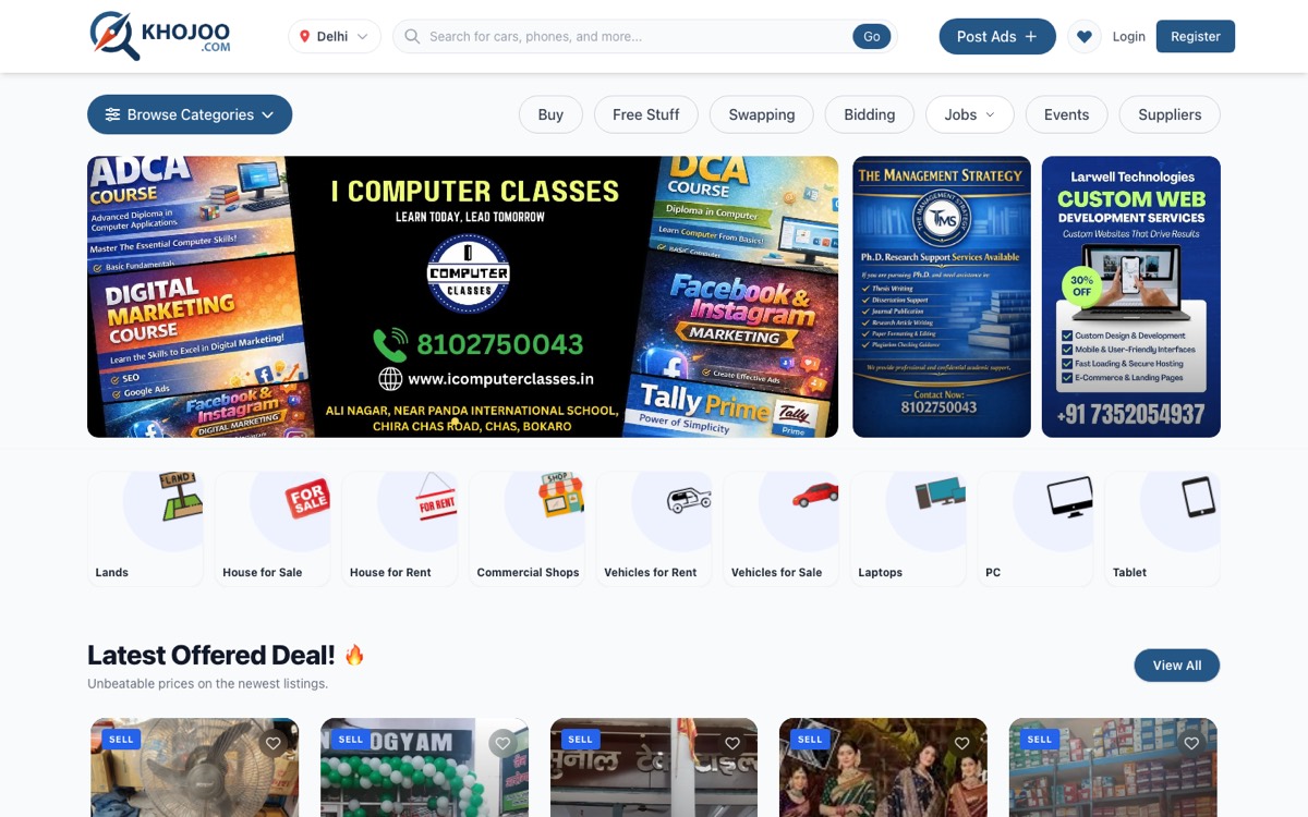 Khojoo marketplace home page with categories, Post Ads button and latest deals
