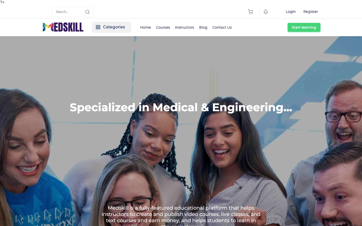 Medskill online course platform home page with course categories and login
