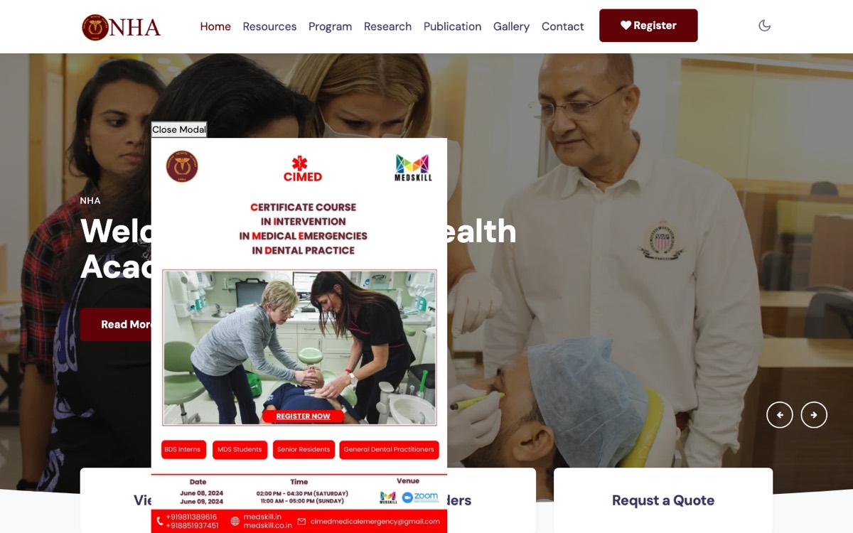 National Health Academy website home page with Register button and programme notice