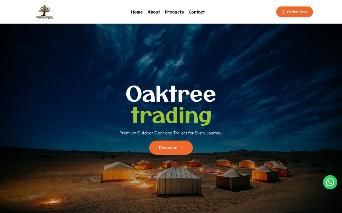 Oaktree Trading Qatar website hero with desert camp trailers at night