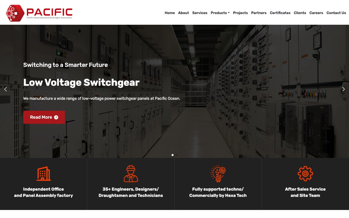Pacific Ocean Qatar website home page showing low voltage switchgear panels