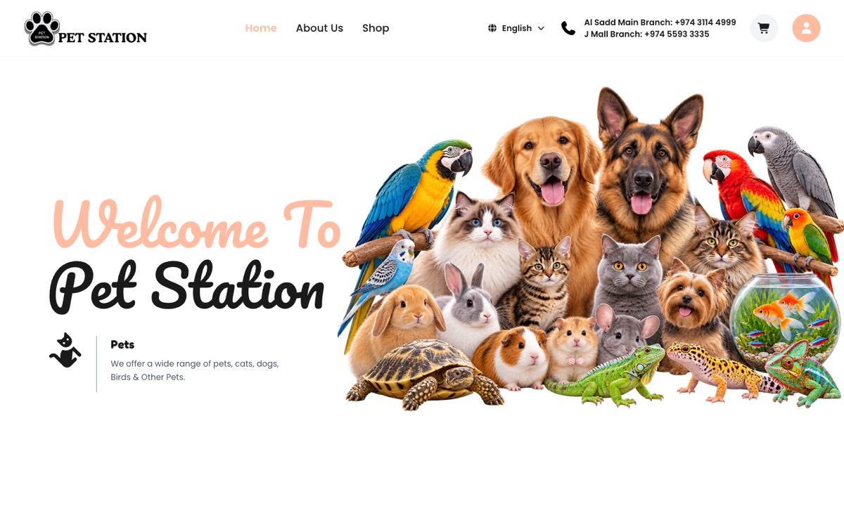 Pet Station Qatar website home page with pets and shop menu