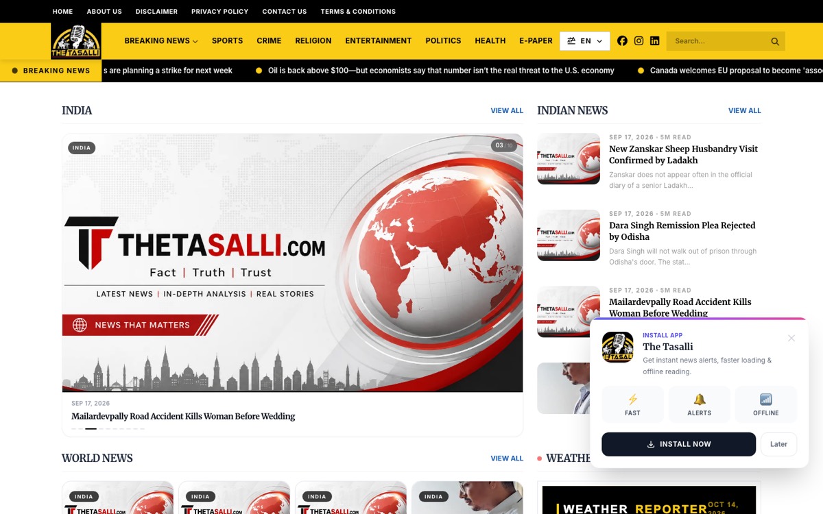 The Tasalli news portal home page with breaking news and India section