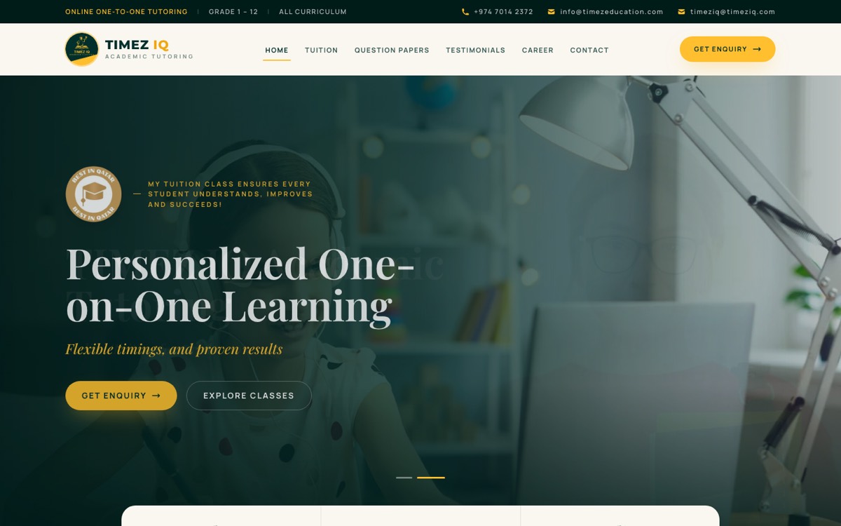 Timez Education one-to-one tutoring website with Get Enquiry and Explore Classes buttons