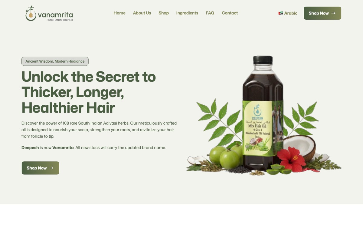 Vanamrita herbal hair oil one-page store with Shop Now and Arabic options