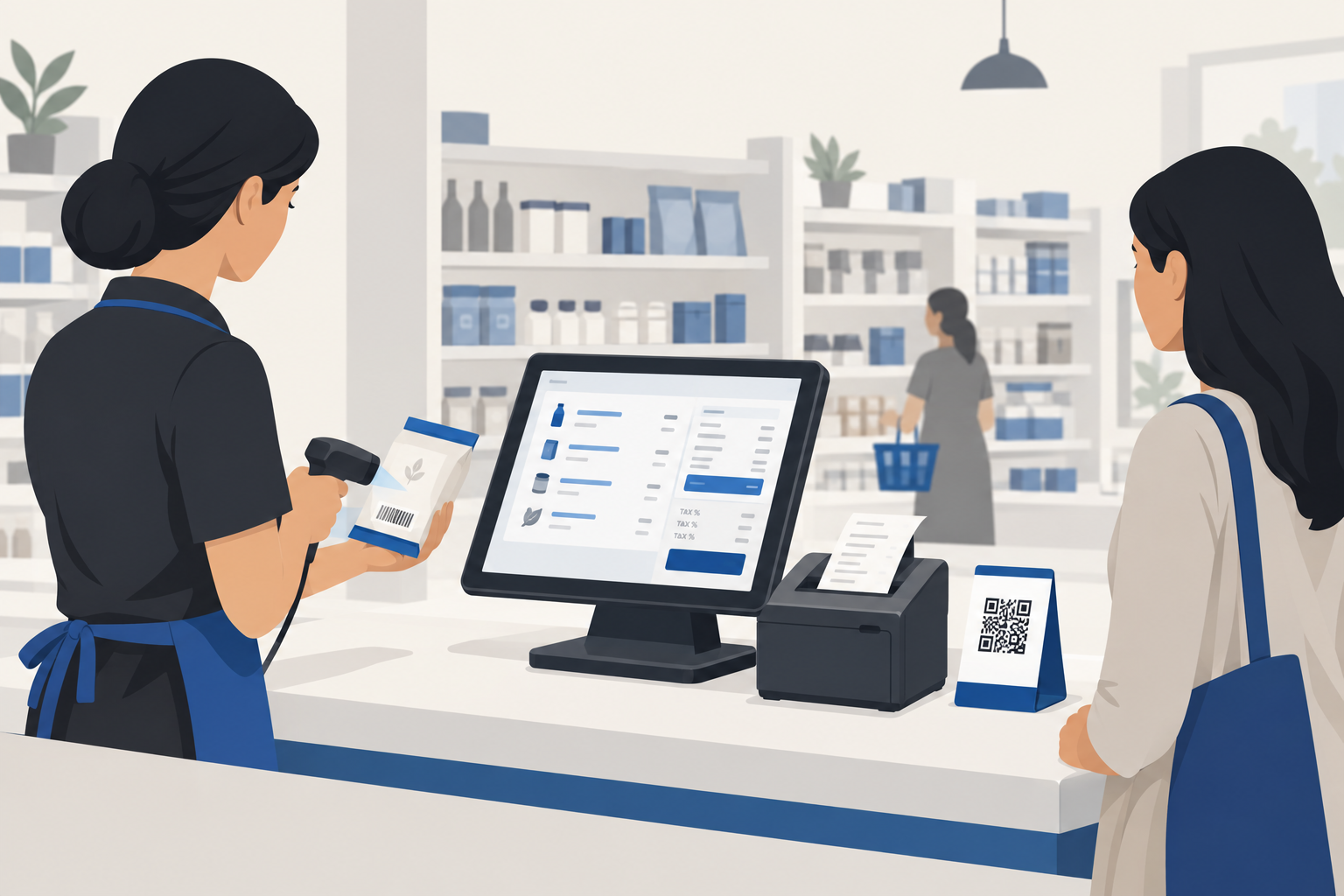A retail counter with a barcode scanner and a billing screen mid-sale
