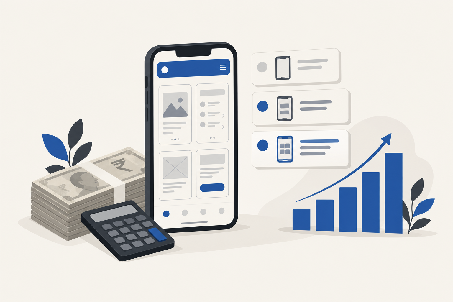 Illustration of a smartphone, rupee notes and a rising cost chart representing mobile app development cost in India