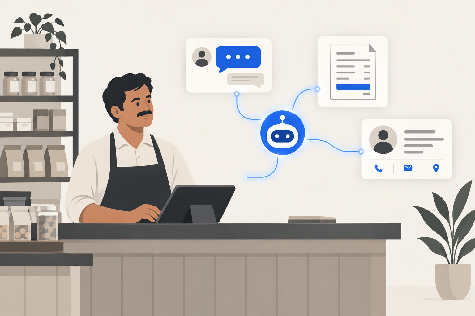 AI agents for small business India illustrated as automated workflows handling chat, invoices and customer records for a shop owner