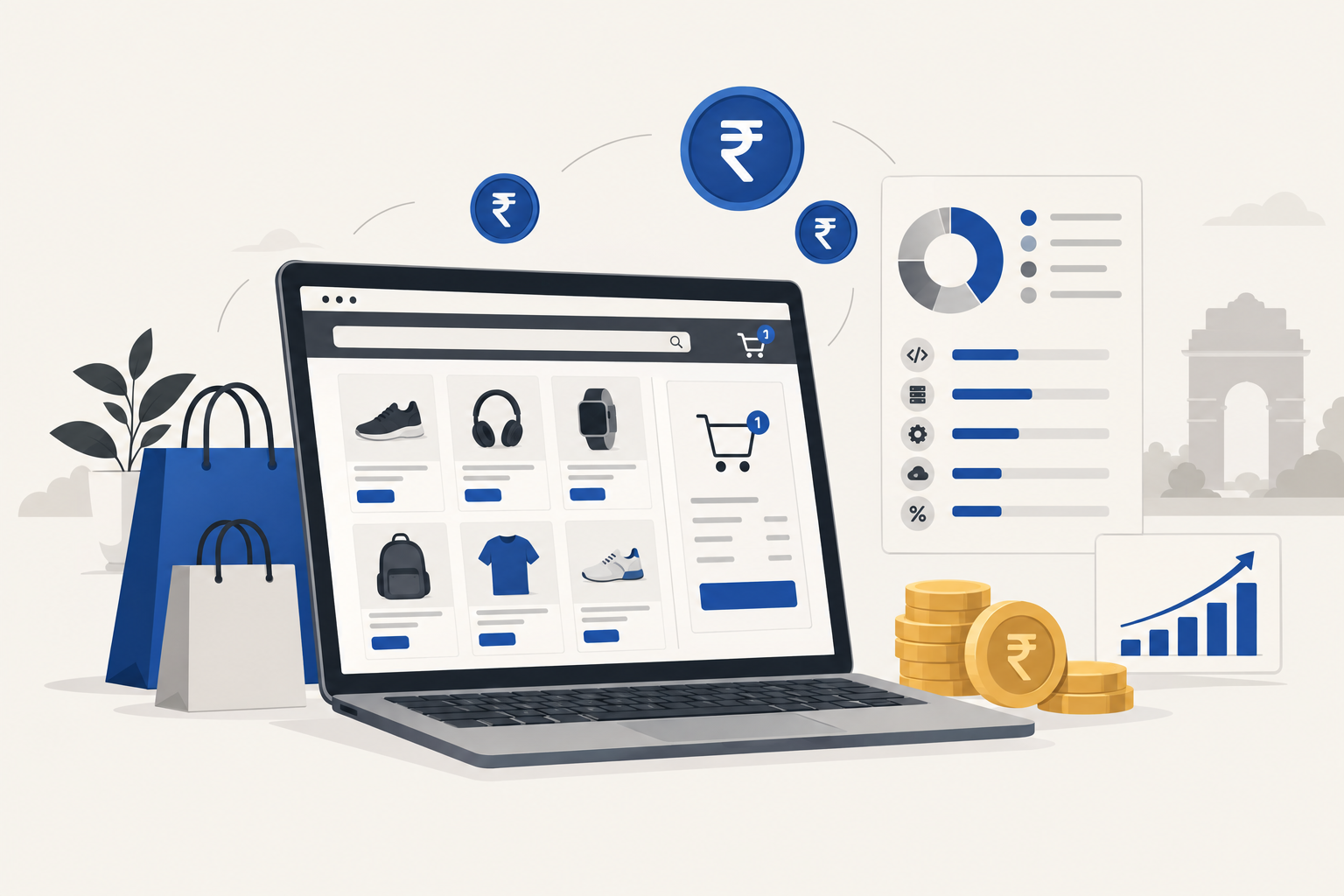 E-commerce website development cost in India illustration with online store, rupee symbols and cost charts