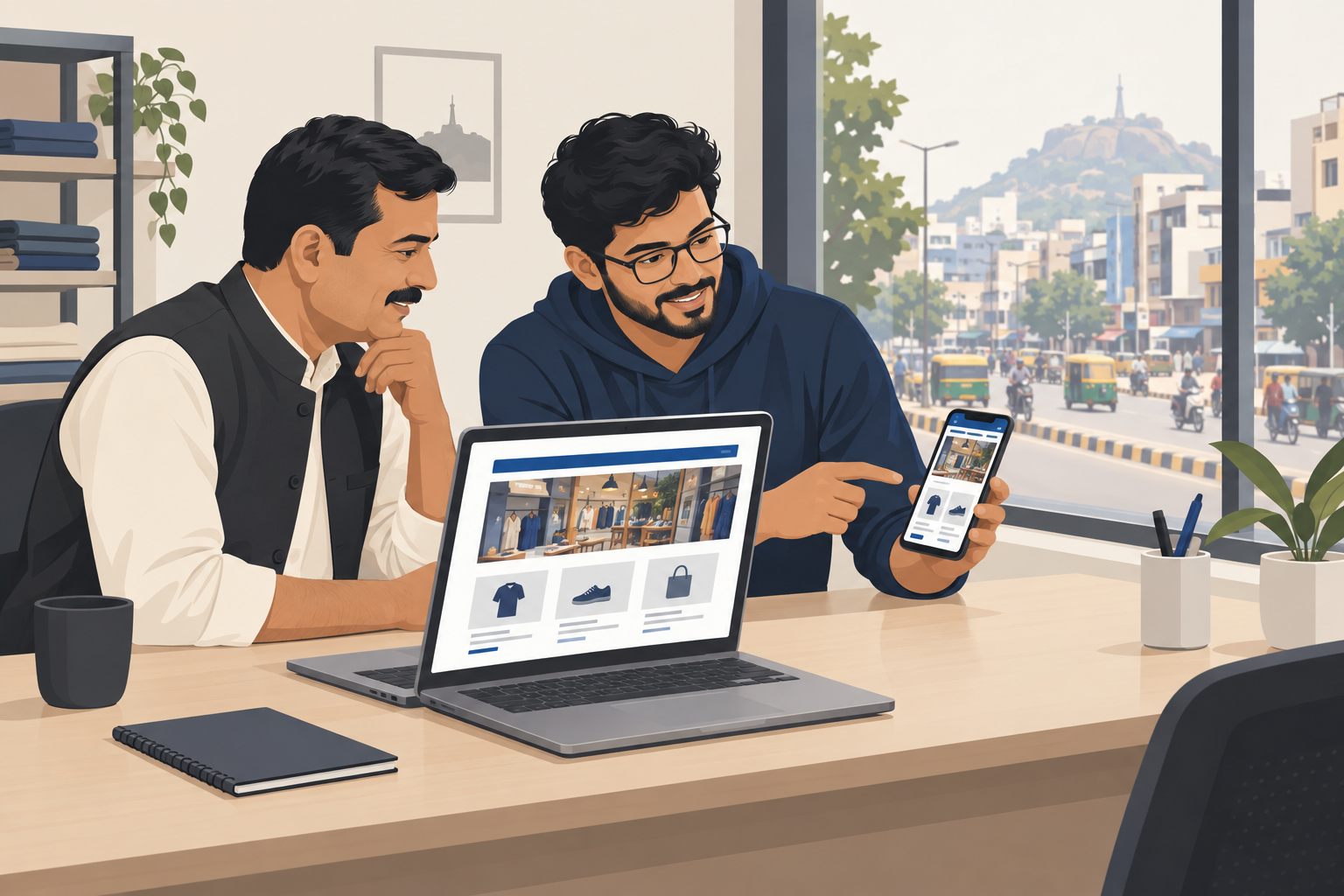 Ranchi business owner reviewing a new website with a website development company on laptop and phone