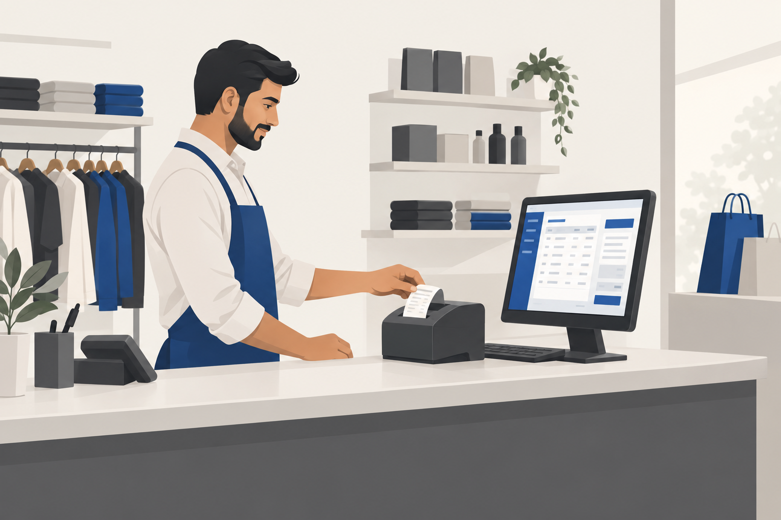 Shopkeeper in Dhanbad using billing software at a retail counter