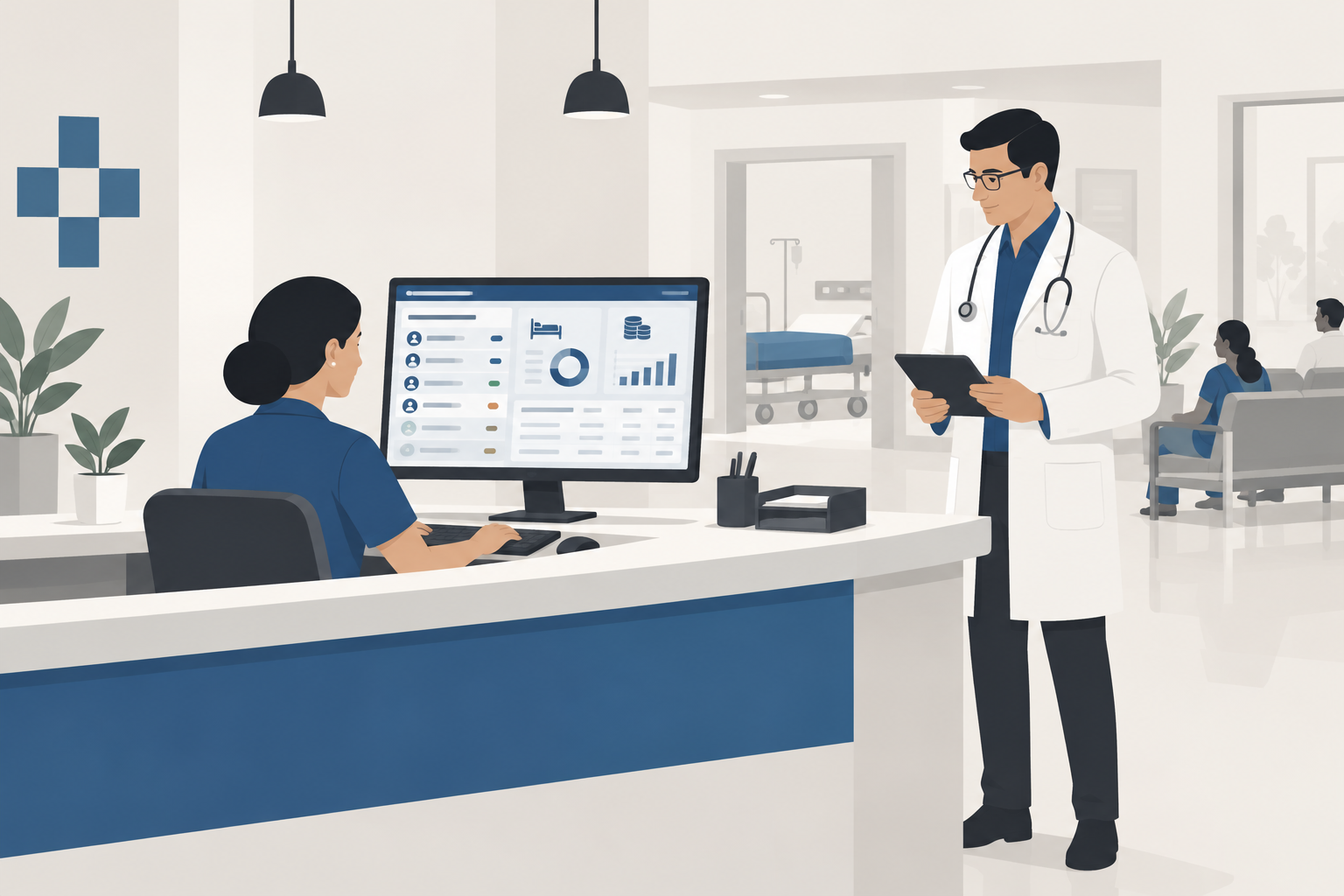 Hospital management software dashboard used at a small hospital reception in India
