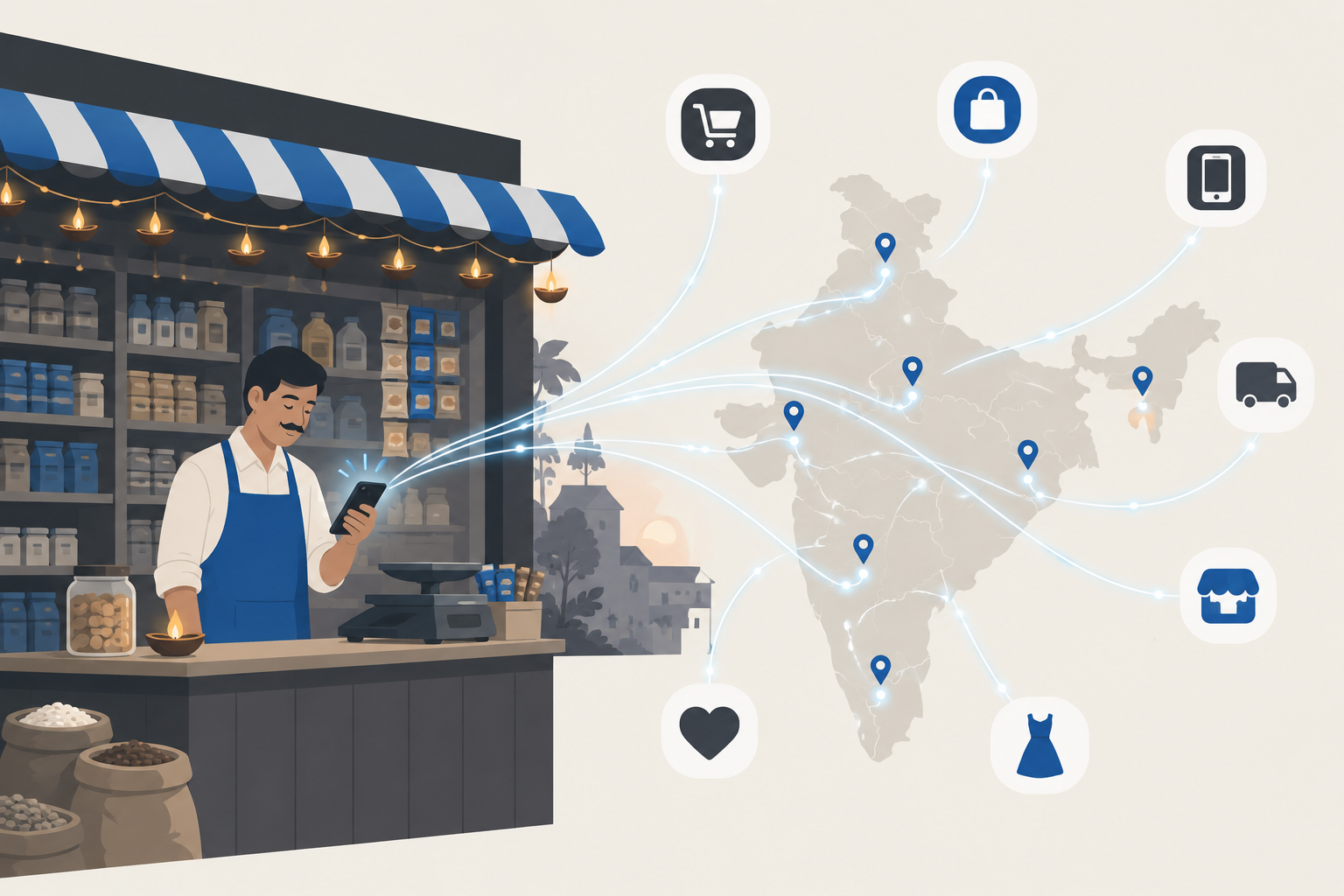 Kirana shop owner receiving an online order on a phone, with lines connecting the shop to several buying apps on an open network