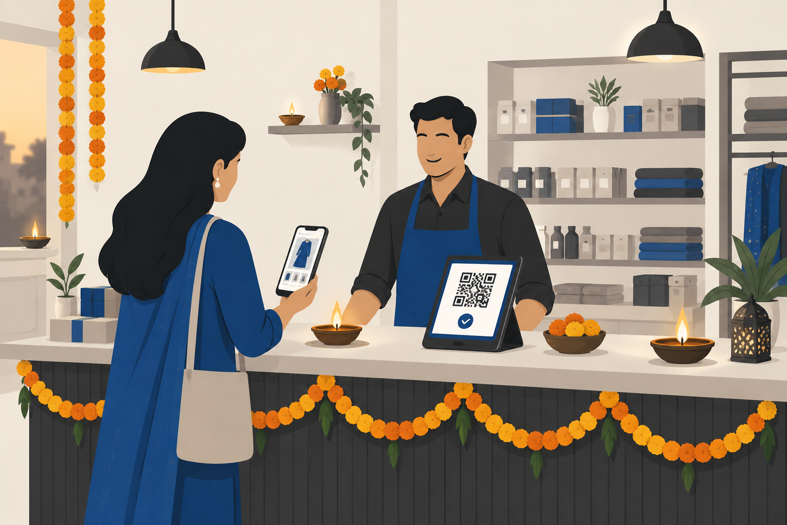 Small Indian shop counter decorated for Diwali with a phone showing an online store and a UPI billing screen