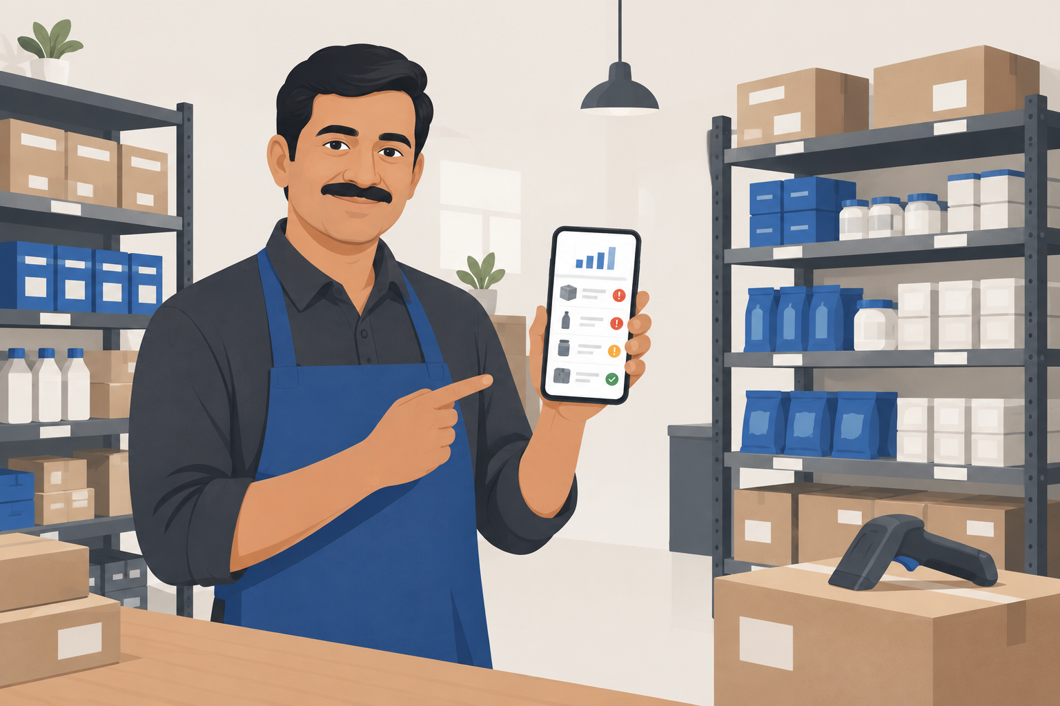 Indian shop owner checking stock levels on a phone in an organised stockroom