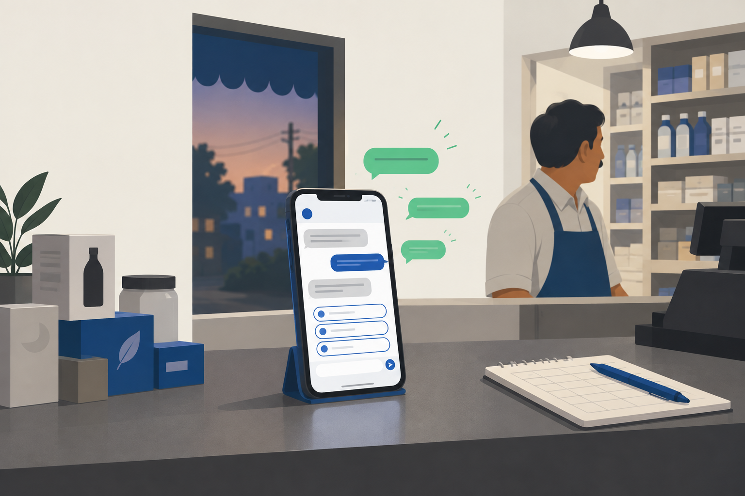 Smartphone on a shop counter showing an automated WhatsApp chatbot conversation with quick-reply buttons