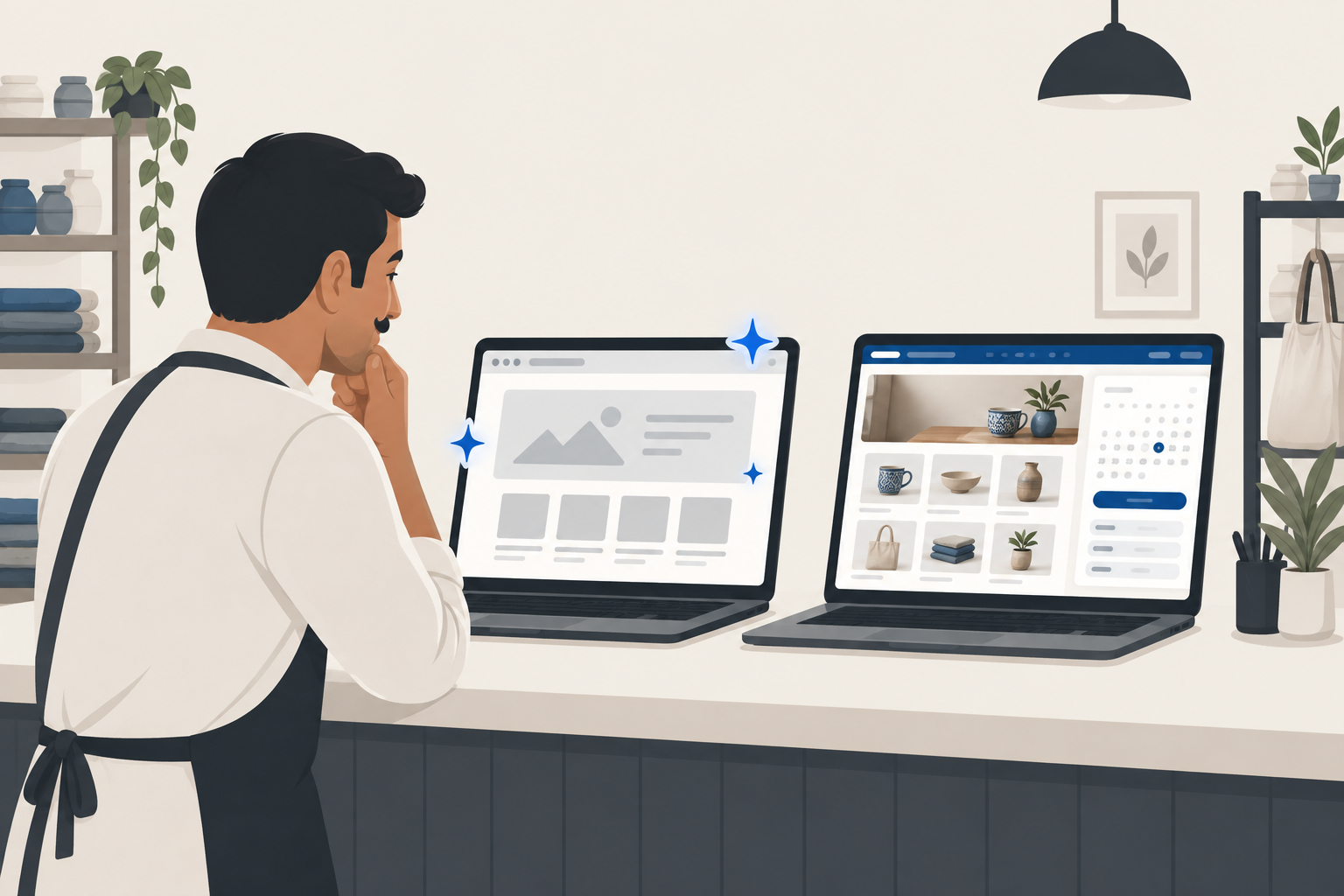 Indian shop owner comparing an AI-generated template website with a custom business website on two laptops