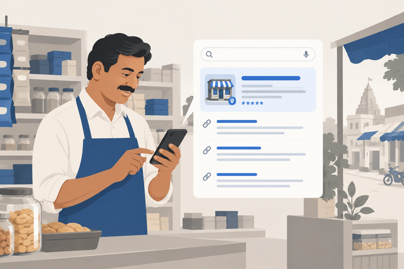 Google AI Mode SEO: an AI answer recommending a local Indian business on a phone