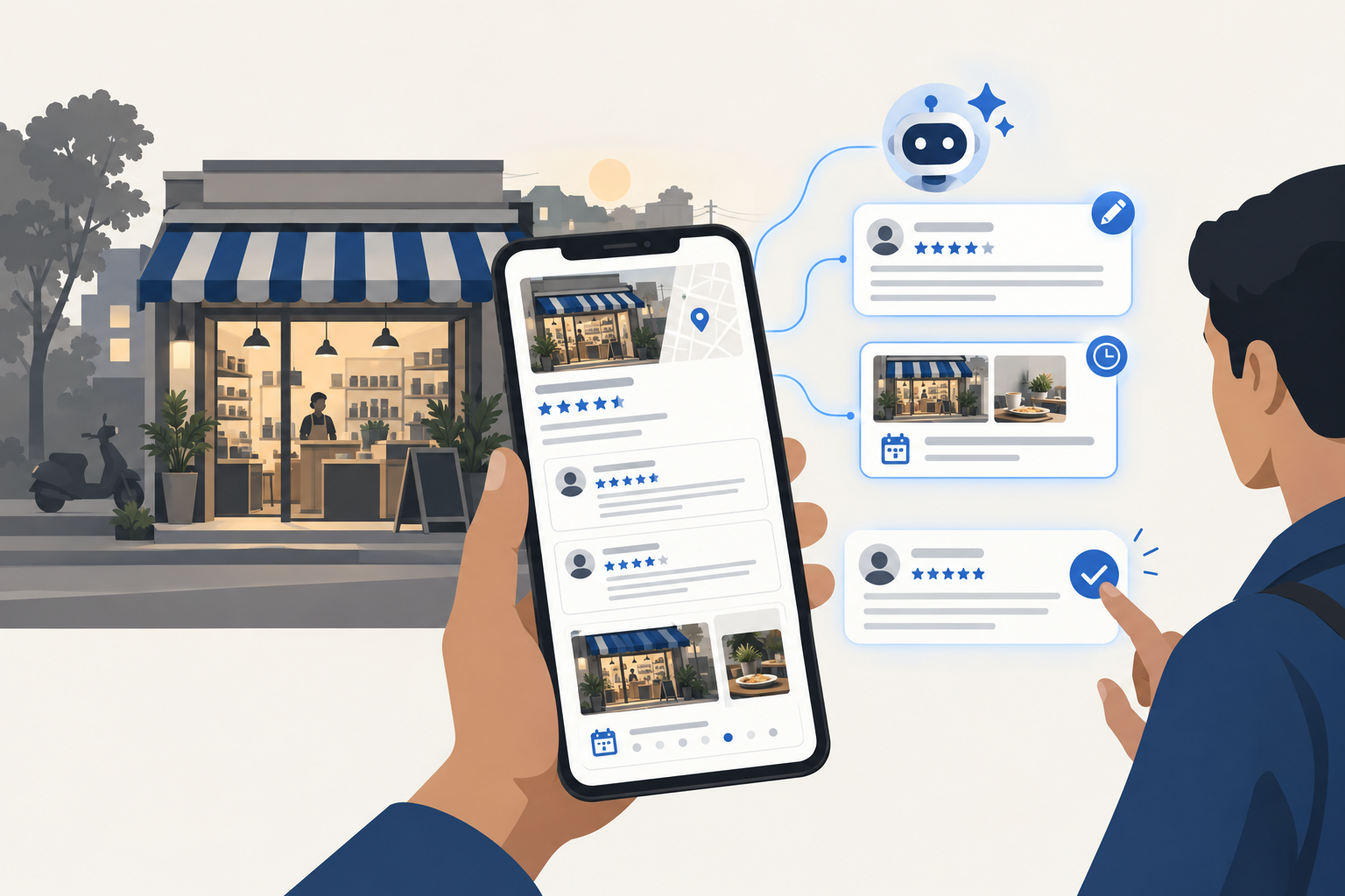 AI agent for Google My Business drafting review replies and scheduling posts for a local Indian shop's map listing