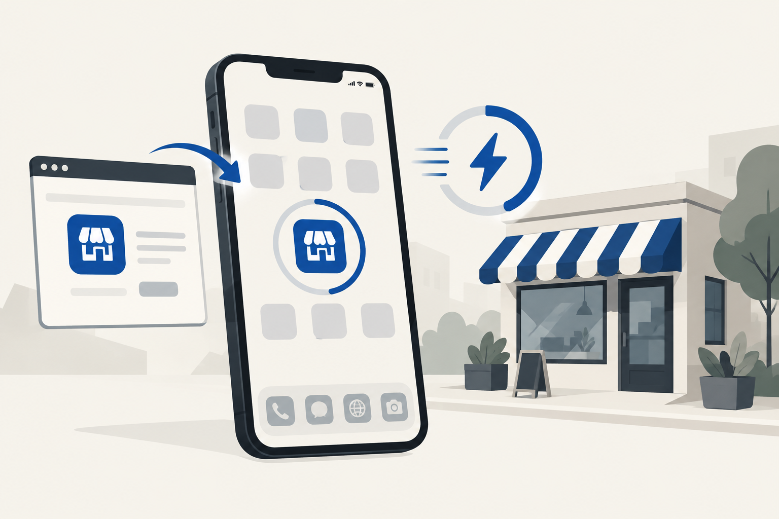 Illustration of a small business web app being installed to a smartphone home screen as a progressive web app