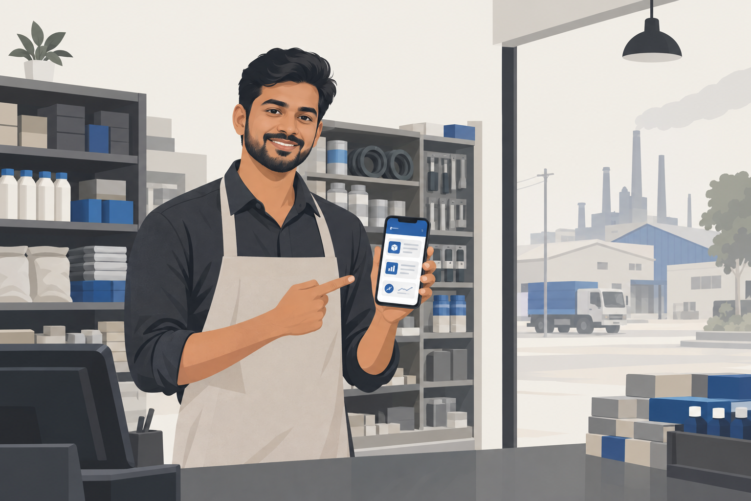 Business owner in Jamshedpur using a mobile app on a smartphone in a shop