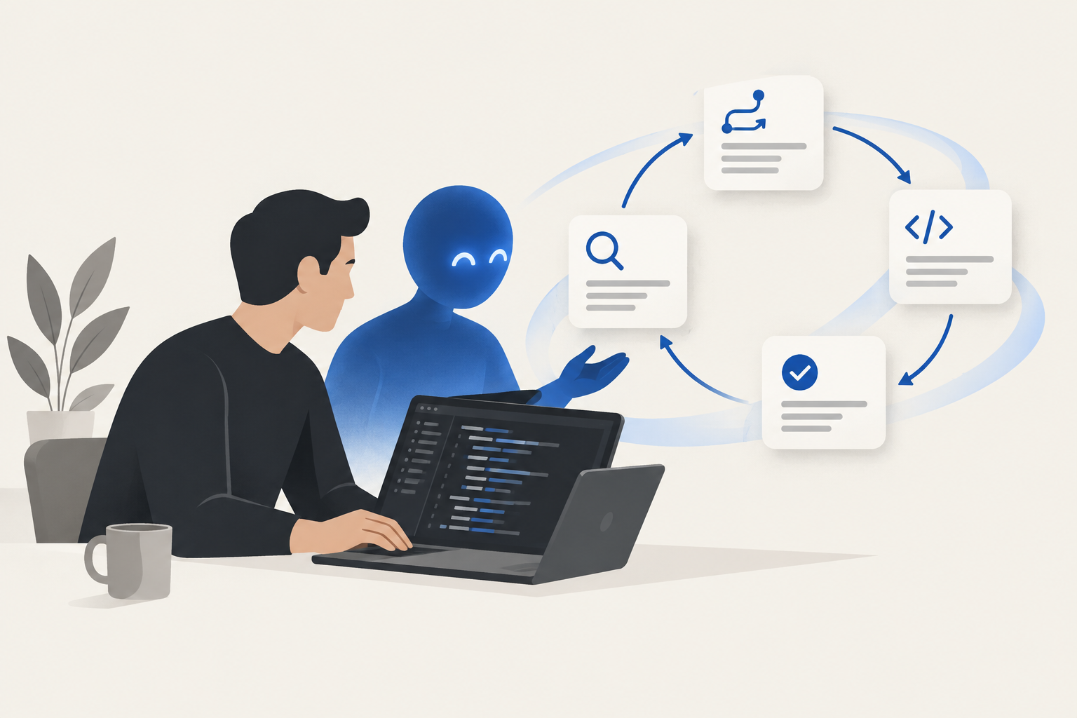 AI agent planning, writing, testing and reviewing code alongside a developer