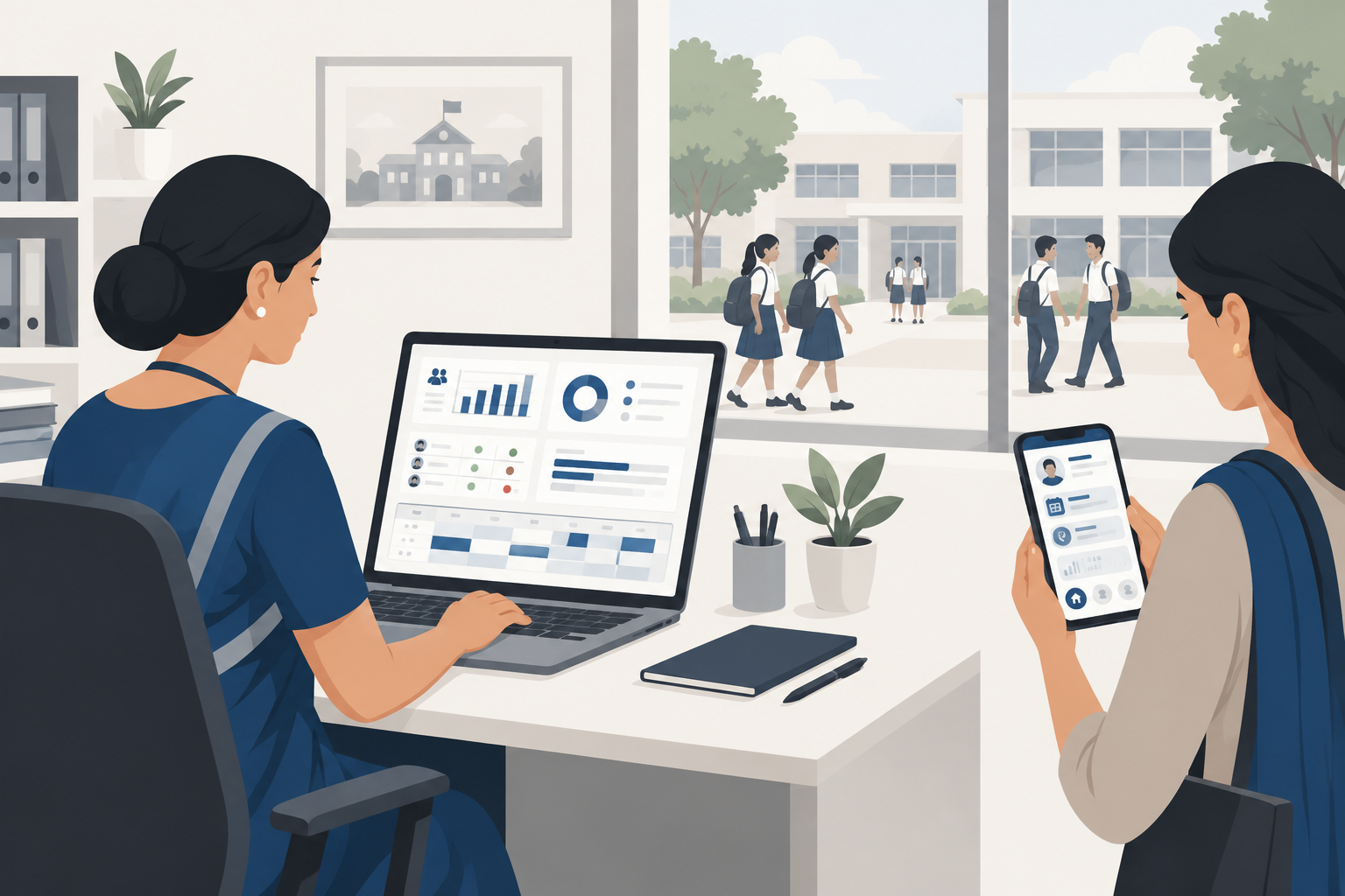 School management software dashboard showing attendance, fees and timetable for an Indian school