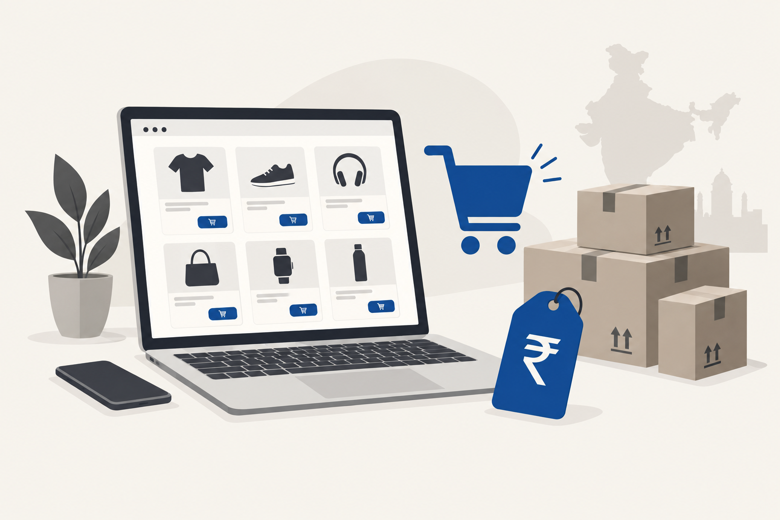 Ecommerce website development cost in India illustrated by an online store on a laptop with shipping boxes and a rupee price tag