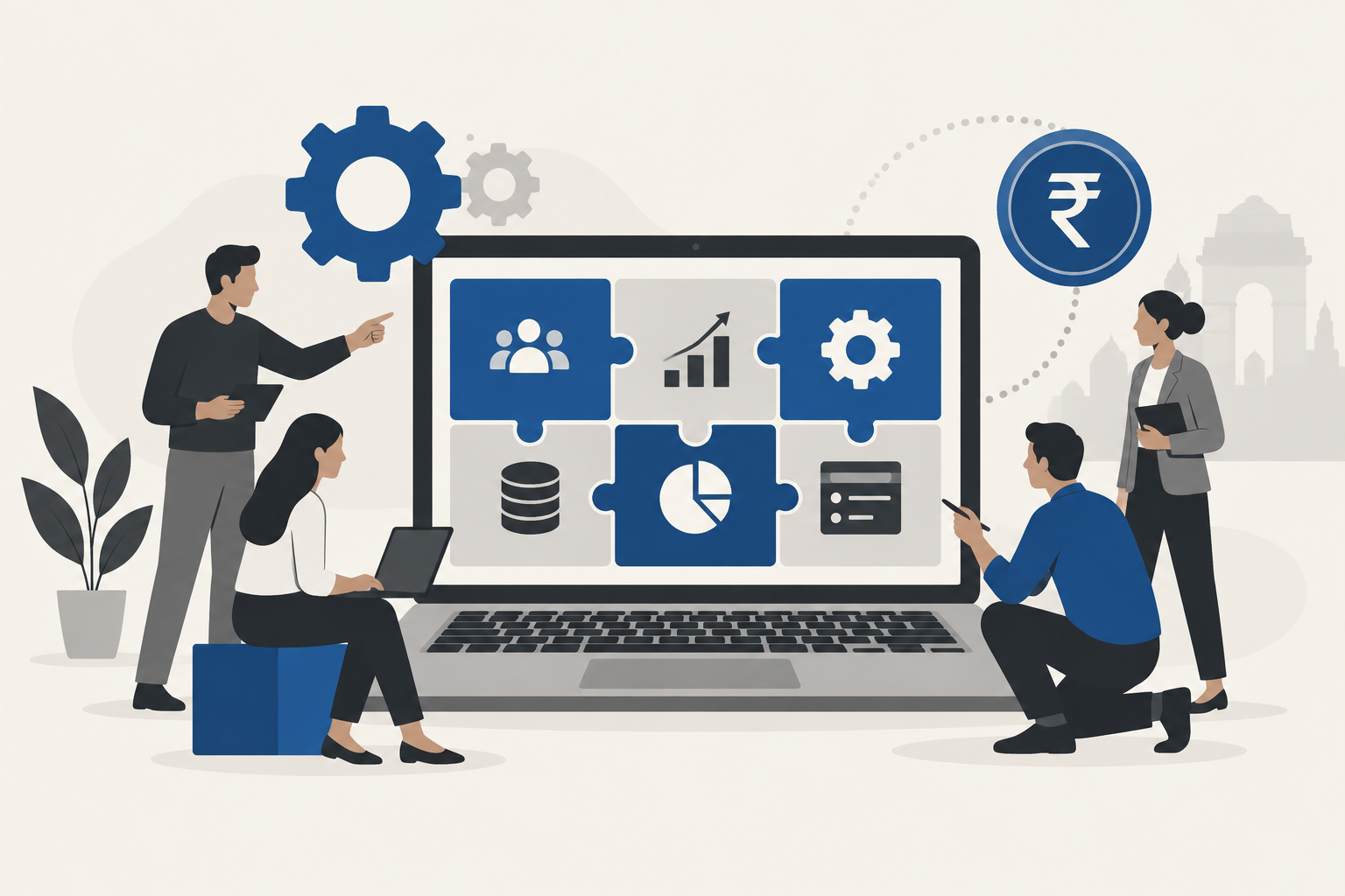 Illustration of a custom business dashboard being assembled from modular blocks, representing custom software development in India
