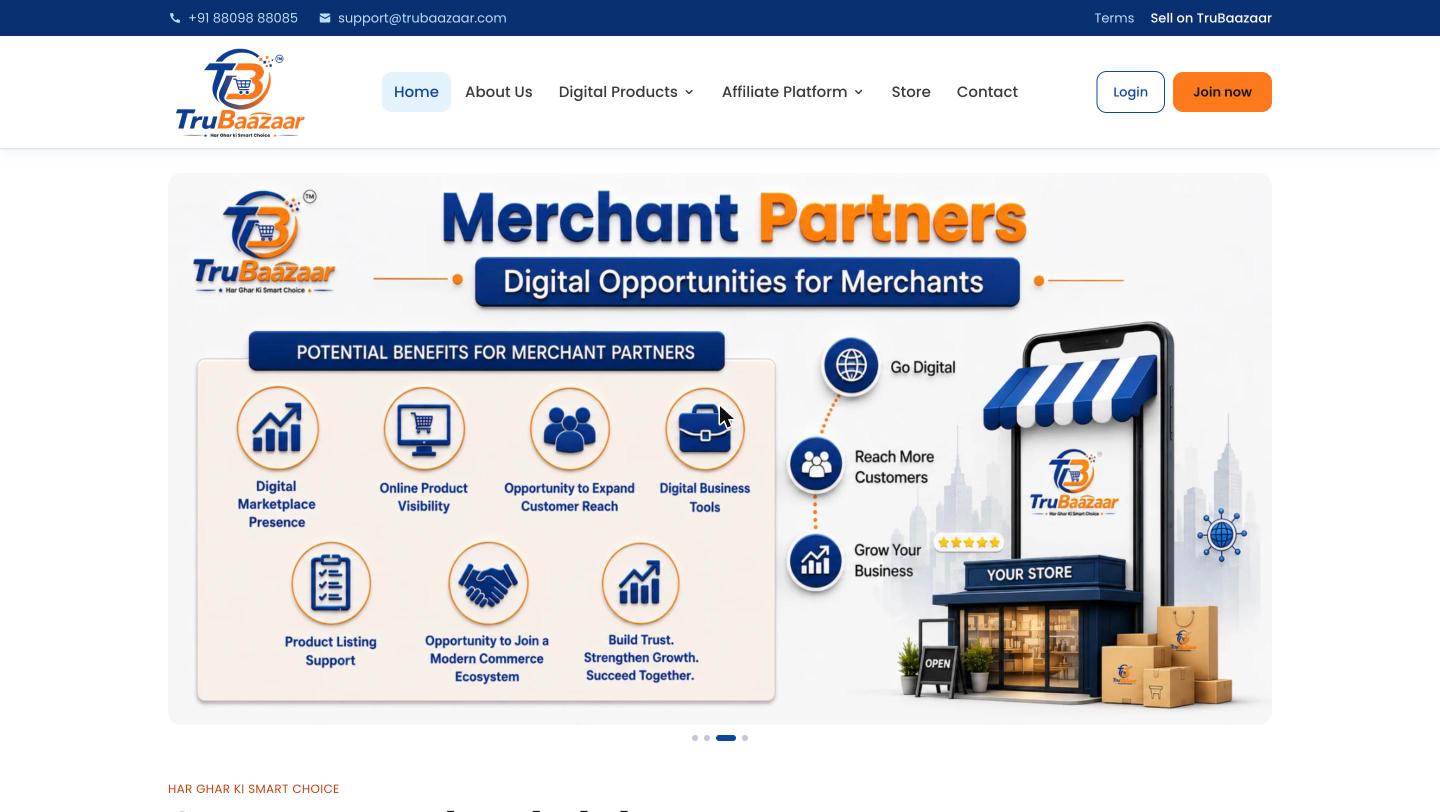 TruBaazaar MLM software and marketplace homepage with merchant partner banner