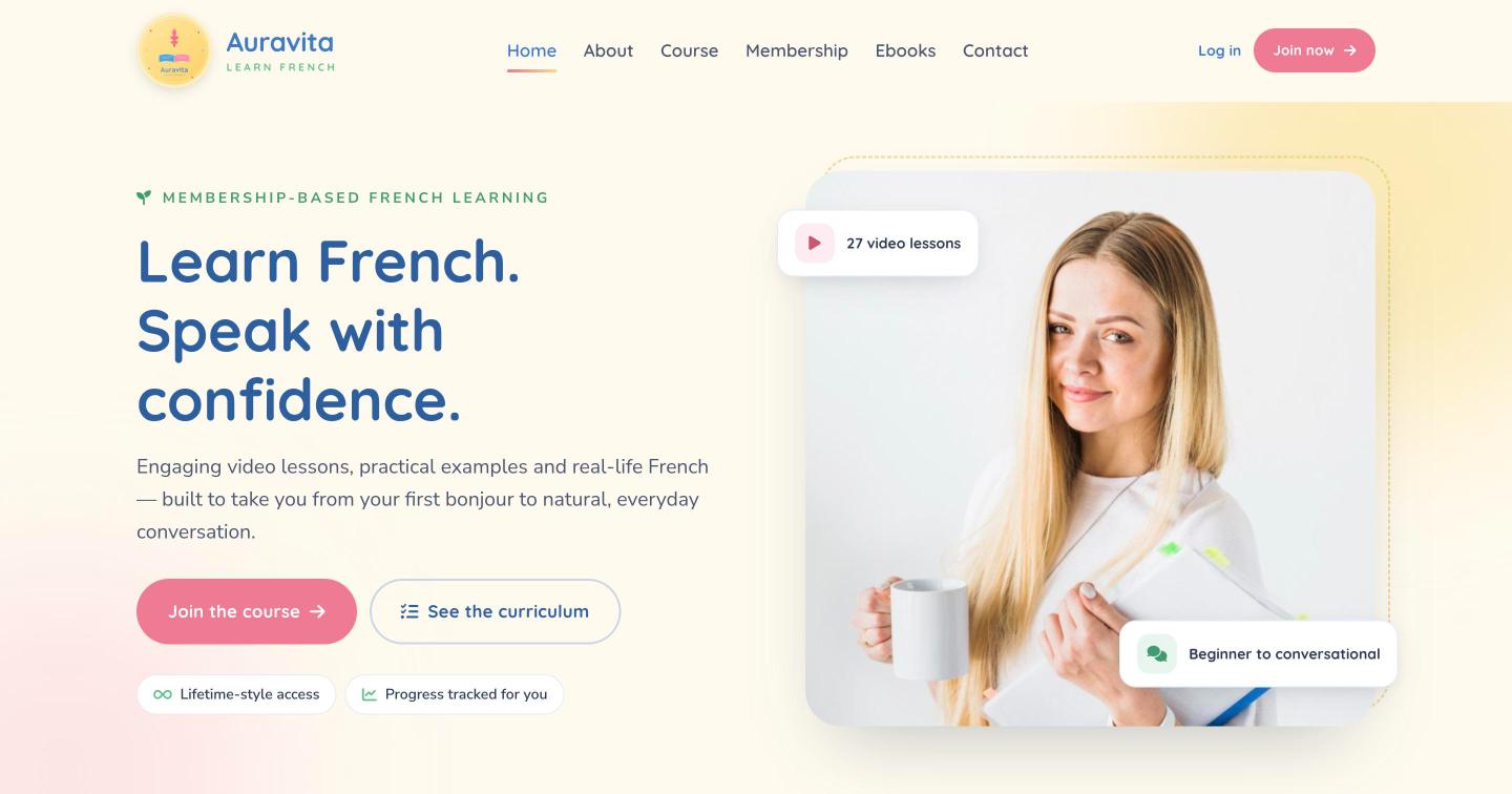 Auravita e-learning platform homepage for learning French online