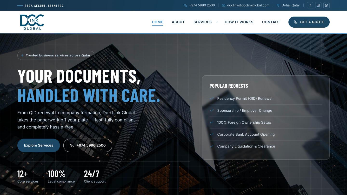 Doc Link Global PRO services website homepage designed for a Doha business
