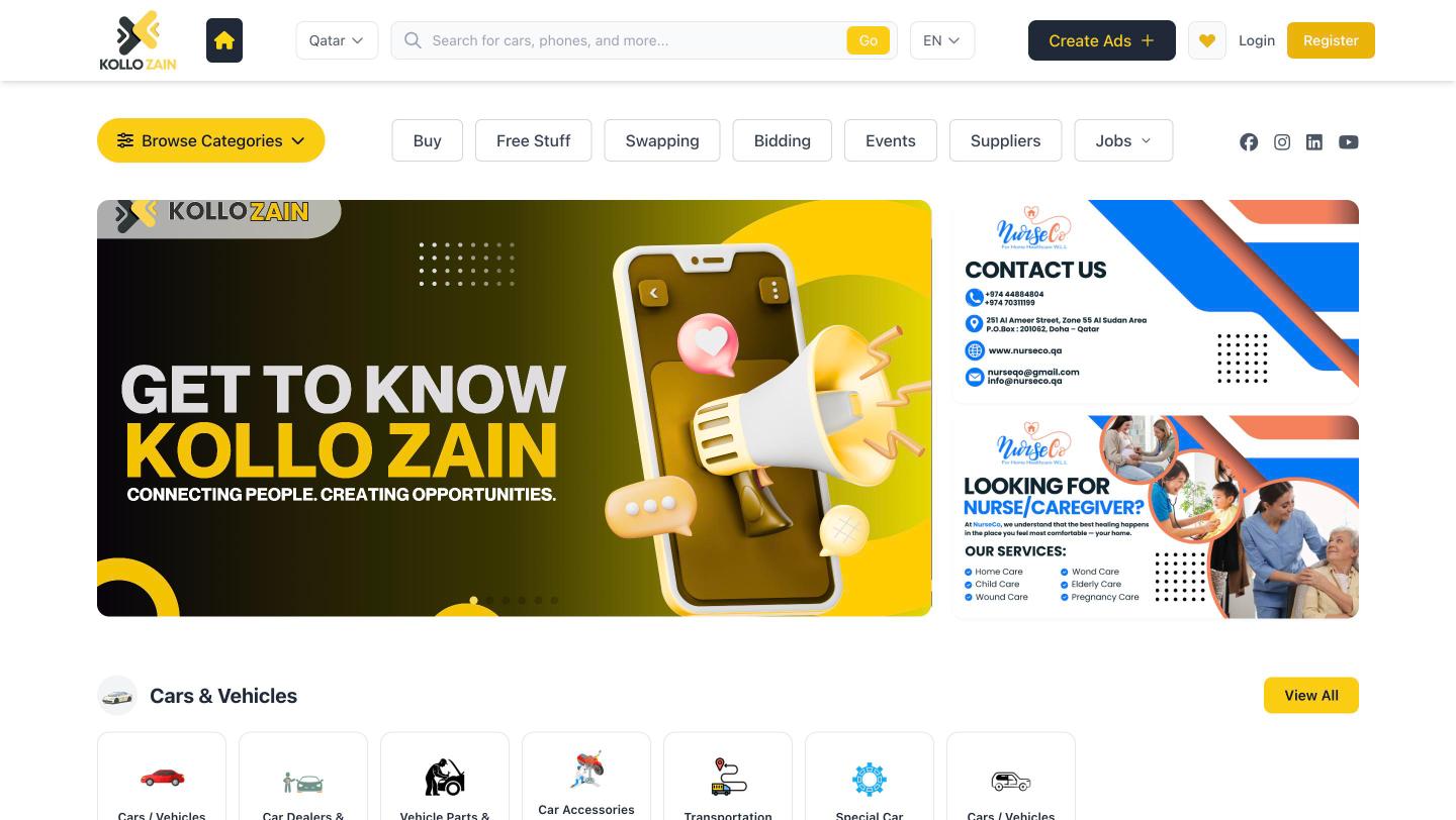 Kollo Zain classified ads website homepage for Qatar, Saudi Arabia and UAE