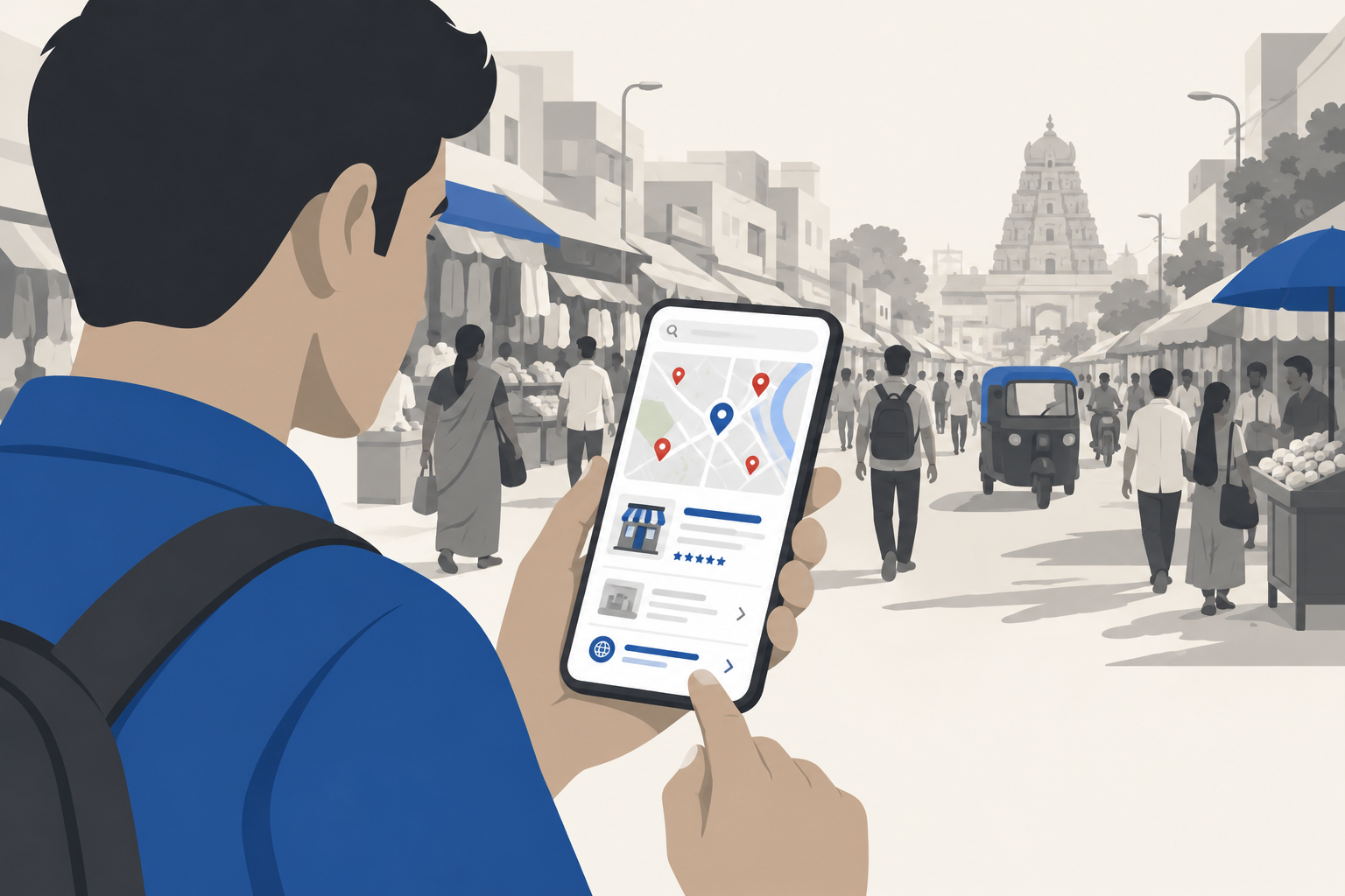 Customer in Ranchi searching on a phone for a local business website and Google map listing
