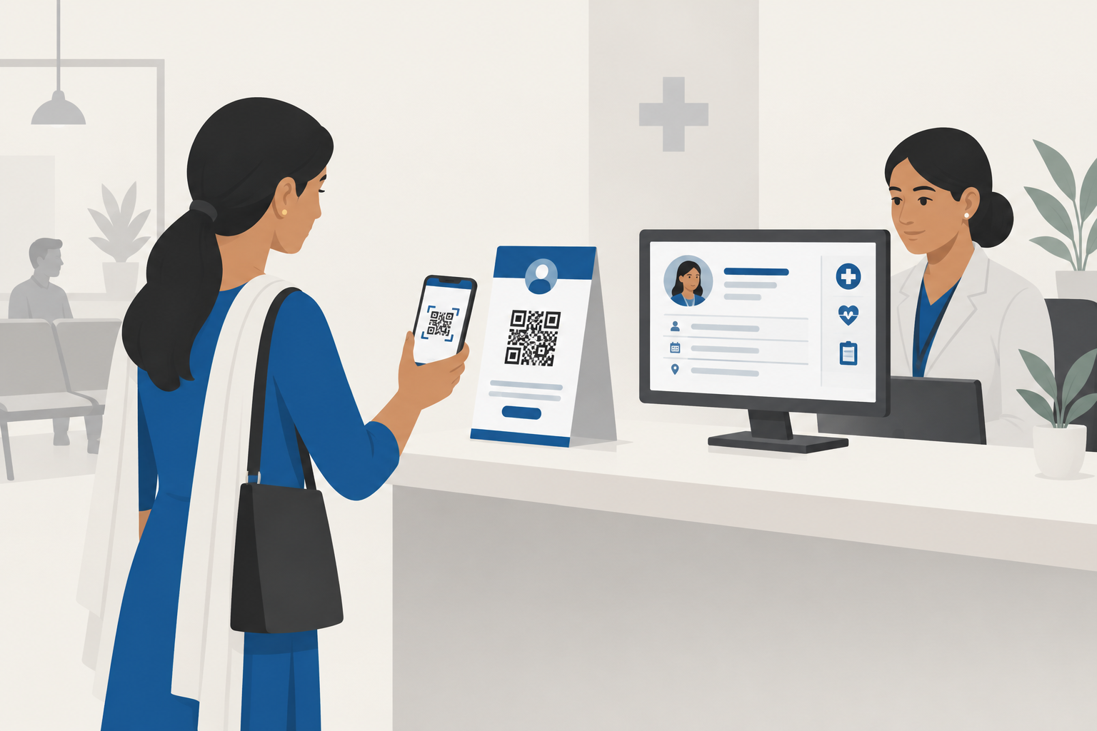 Patient using ABHA scan-and-register at a hospital counter linked to hospital software