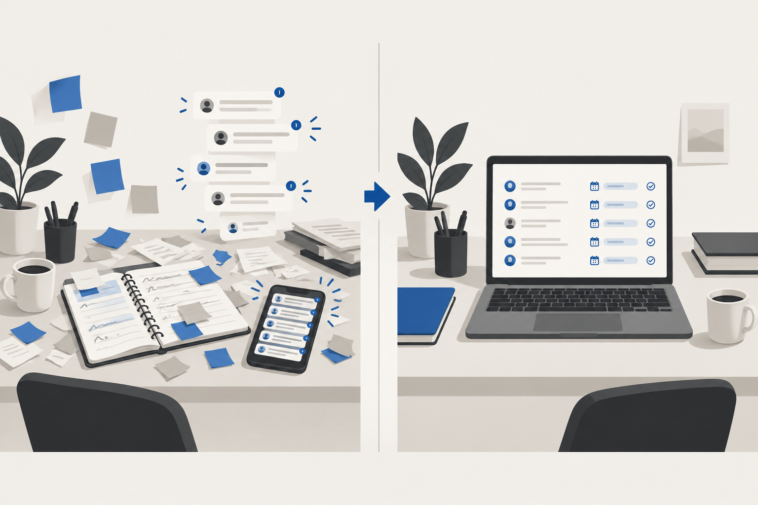Leads scattered across diary and WhatsApp versus organised in CRM software