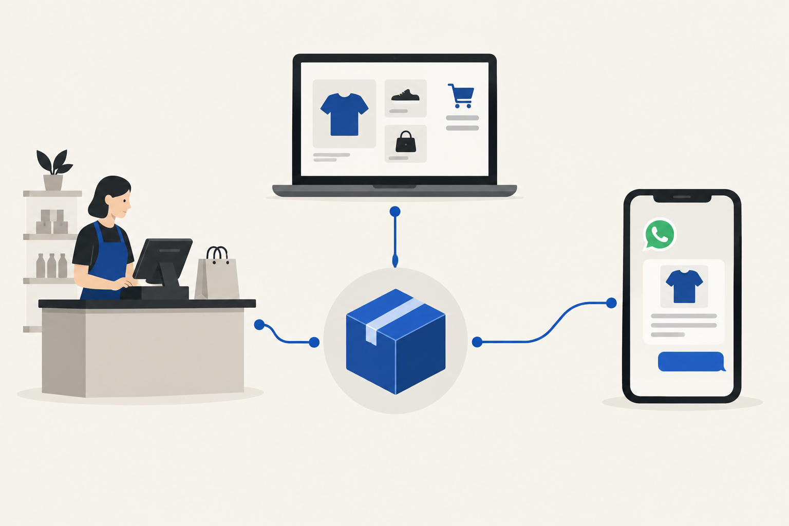 Diagram of one inventory count shared by a shop counter, an online store and WhatsApp orders