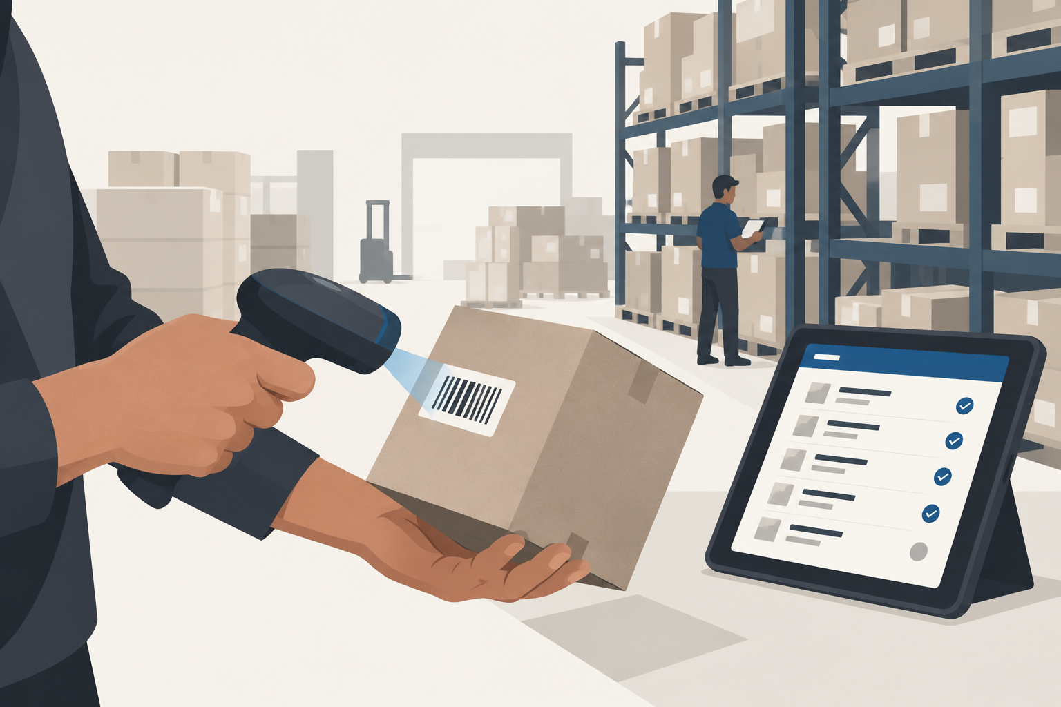 Staff member scanning a barcode during stock-taking in a wholesale godown