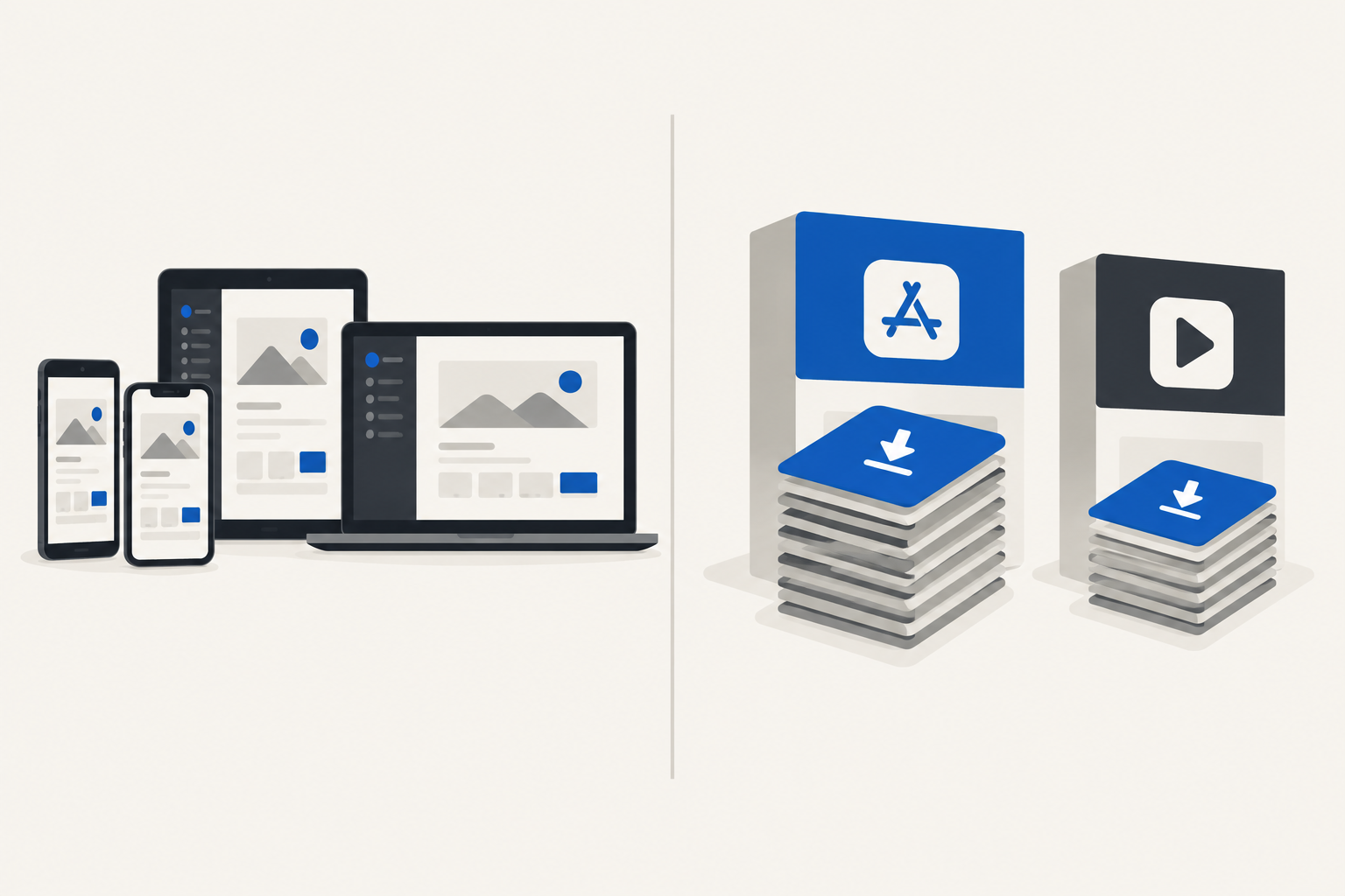 PWA vs native app: one web app for all devices compared with separate store apps